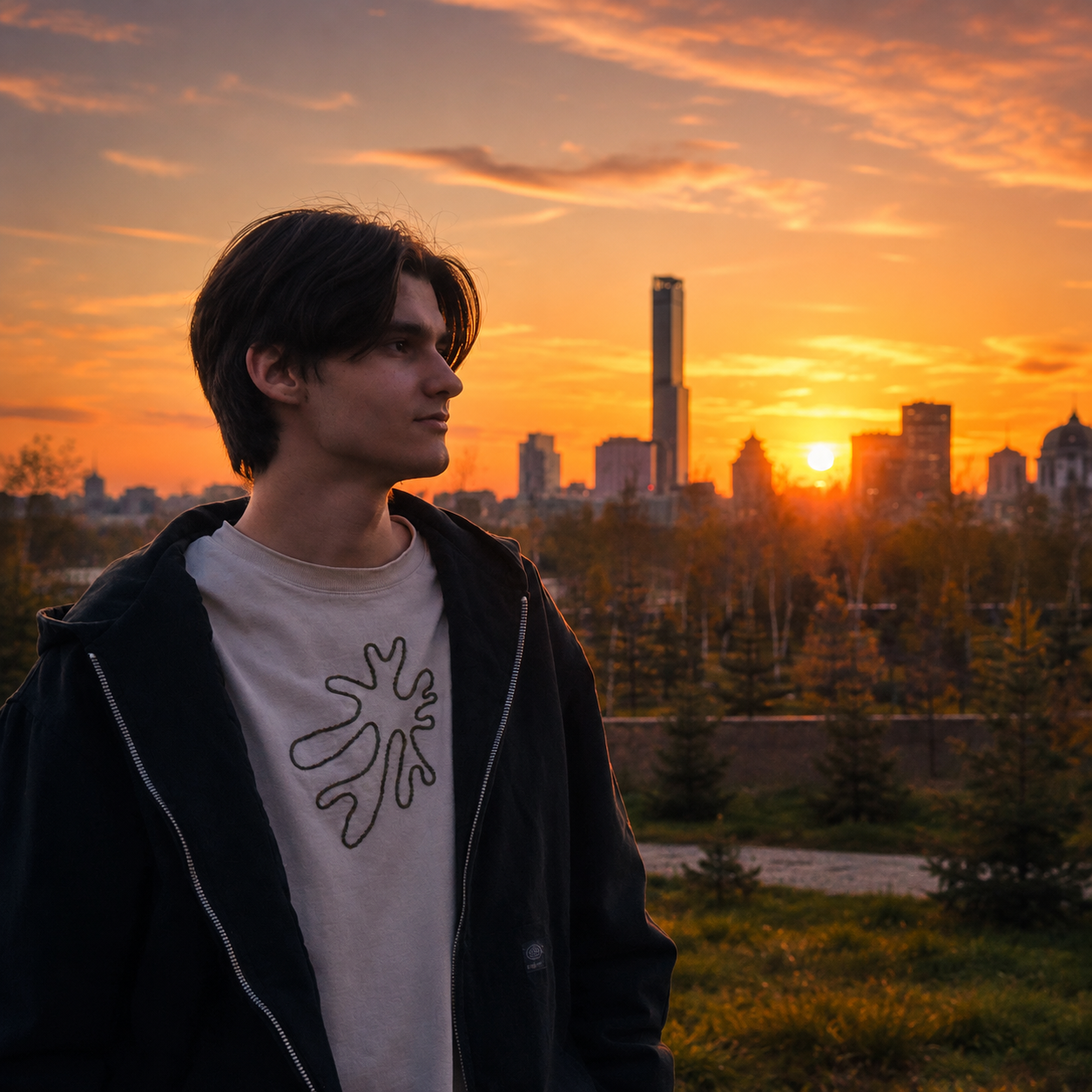Артём Кретов на фоне города на закате
